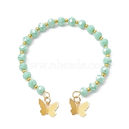 Glass Round Beaded Cuff Bangles, with Golden Brass Butterfly Charms, Aquamarine, Inner Diameter: 2-1/8 inch(5.5cm)(BJEW-JB09964-03)