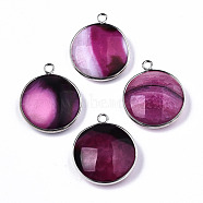 Natural Crackle Agate Pendants, with Platinum Plated Brass Findings, Dyed & Heated, Flat Round, Medium Violet Red, 27~28x23~24x7~9.5mm, Hole: 2mm(G-N326-87A-08)