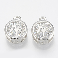 Alloy Cubic Zirconia Charms, Flat Round with Tree of Life, Platinum, 14.5x10.5x5.5mm, Hole: 1.6mm(ZIRC-Q017-071P)