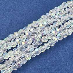 Faceted(32 Facets) Glass Beads Strands Round, AB Color Plated, White, 4mm, Hole: 1mm, about 88~90pcs/strand, 28~30cm(X-GF4mmC28-AB)