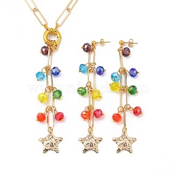 Rainbow Color Star Jewelry Sets, Brass Dangle Stud Earrings & Iron Paperclip Chains Pendant Necklaces & , with Faceted Glass Beads, Star Brass Pendants and 304 Stainless Steel Stud Earring Findings, Golden, 90mm, 18.9 inch(48cm)(SJEW-JS01117)