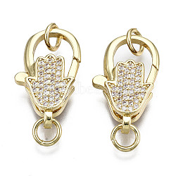 Brass Micro Pave Clear Cubic Zirconia Lobster Claw Clasps, with Jump Ring, Nickel Free, Hamsa Hand/Hand of Fatima/Hand of Miriam, Real 16K Gold Plated, 23x13.5x6mm, Jump Ring: 6x1mm, Hole: 4mm(KK-Q769-031-NF)