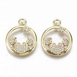 Brass Micro Pave Clear Cubic Zirconia Pendants, with Jump Rings, Nickel Free, Ring with Crab, Real 16K Gold Plated, 21.5x19x4mm, Jump Ring: 5x1mm, 3mm inner diameter(ZIRC-S067-172-NF)