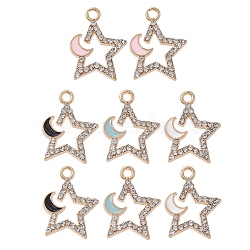 8Pcs 4 Colors Rack Plating Alloy Rhinestone Pendants, with Enamel, Nickel Free, Star with Moon Charms, Mixed Color, 17x13x2mm, Hole: 1.6mm, 2Pcs/color(ENAM-YW0003-24)