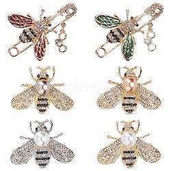 Gorgecraft 6Pcs 6 Style Bee Shape Enamel Pin Brooches with Rhinestone, Alloy Badge with Plastic Pearl for Backpack Clothes, Mixed Color, 30~43x38.5~50x11~17.5mm, Pin: 0.7~0.8mm, 1Pc/style(JEWB-GF0001-26)