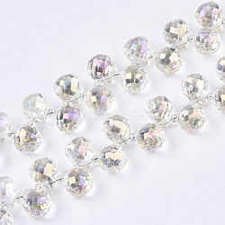 Transparent Glass Beads Strands, Top Drilled Beads, AB Color Plated, Faceted Teardrop, Light Goldenrod Yellow, Teardrop: 9.5x8mm, Hole: 0.8mm, Beads: 3~4x2.5~3.5mm, about 100pcs/strand, 23.62 inch(60cm)(GLAA-T006-14E)