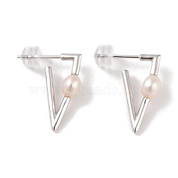 Anti-Tarnish Sterling Silver Stud Earrings, with Natural Pearl, Jewely for Women, Triangle, 20x6mm(EJEW-C087-11A-P)