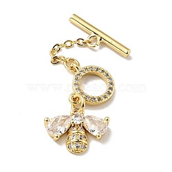 Rack Plating Brass Micro Pave Clear Cubic Zirconia Toggle Clasps, Cadmium Free & Lead Free, Long-Lasting Plated, Bee, Golden, 42mm, Bar:16x5mm, Bee: 10.5x14mm, Ring: 9x9mm(KK-E034-35G)