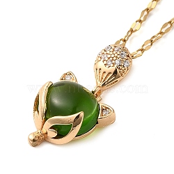 Brass Pave Clear Cubic Zirconia & Green Glass Fox Pendant Necklaces, 304 Stainless Steel Coffee Bean Chain Necklaces, Golden, 15.51 inch(39.4cm)(NJEW-M080-02G)