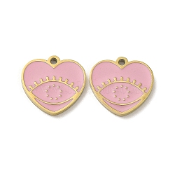 Ion Plating(IP) 316L Surgical Stainless Steel Charms, with Enamel, Real 18K Gold Plated, Heart with Eye Charm, Pink, 11.5x12x1.5mm, Hole: 1.2mm(STAS-D035-07G-02)