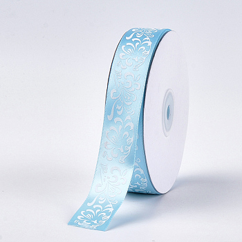 Single Face Satin Ribbon, Polyester Ribbon, Flower Pattern, Sky Blue, 1 inch(25mm), about 50yards/roll(45.72m/roll)