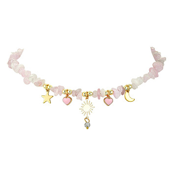 Alloy Enamel & 304 Stainless Steel & Brass Bib Necklace with Natural Rose Quartz Chip Beaded Chains, Star & Sun & Heart & Moon, 15.55 inch(39.5cm)