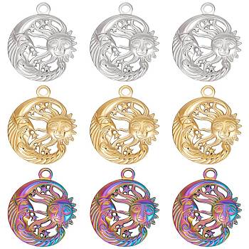 Beebeecraft 18Pcs 3 Colors 304 Stainless Steel Pendants, Moon with Sun, Mixed Color, 23.5x20x2.5mm, Hole: 2mm, 6pcs/color