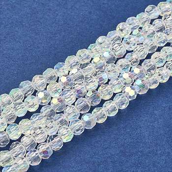 Faceted(32 Facets) Glass Beads Strands Round, AB Color Plated, White, 4mm, Hole: 1mm, about 88~90pcs/strand, 28~30cm