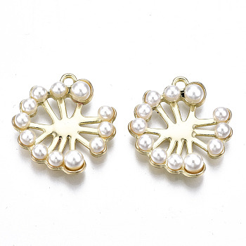 Rack Plating Alloy Pendants, with Imitation Pearl White ABS Plastic Beads, Cadmium Free & Lead Free, Flower, Light Gold, 27x25.5x5.5mm, Hole: 1.8mm