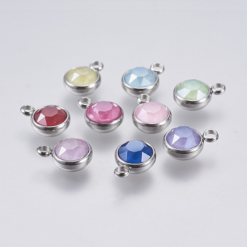 K9 Glass Pendants, with 304 Stainless Steel Findings, Faceted, Flat Round, Stainless Steel Color, Mixed Color, 13.5x10x6mm, Hole: 2.5mm