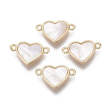 Brass Links, with Freshwater Shell, Nickel Free, Heart, Real 18k Gold Plated, Seashell Color, 10x17x3mm, Hole: 1.2mm