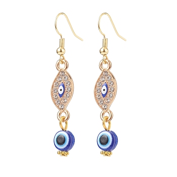 Crystal Rhinestone Dangle Earrings with Enamel Evil Eye, Brass Drop Earrings with Resin Beaded for Women, Golden, Horse Eye Pattern, 50.5mm, Pin: 0.7mm