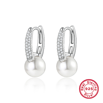 Rhodium Plated 925 Sterling Silver Micro Pave Cubic Zirconia Hoop Earrings, with Natural Pearls, with 925 Stamp, Platinum, 19x11mm