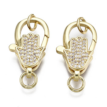 Brass Micro Pave Clear Cubic Zirconia Lobster Claw Clasps, with Jump Ring, Nickel Free, Hamsa Hand/Hand of Fatima/Hand of Miriam, Real 16K Gold Plated, 23x13.5x6mm, Jump Ring: 6x1mm, Hole: 4mm
