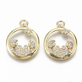 Brass Micro Pave Clear Cubic Zirconia Pendants, with Jump Rings, Nickel Free, Ring with Crab, Real 16K Gold Plated, 21.5x19x4mm, Jump Ring: 5x1mm, 3mm inner diameter