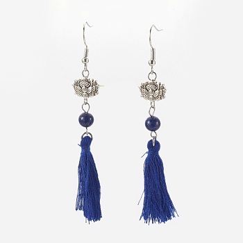 Nylon Tassel Earrings, with 304 Stainless Steel Earring Findings and Lapis Lazuli Beads, 77mm, Pin: 0.6mm