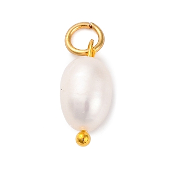 5Pcs Natural Cultured Freshwater Pearl Potato Charms, with Golden Tone 304 Stainless Steel Open Jump Rings, Seashell Color, 13x6x6mm, Hole: 3mm