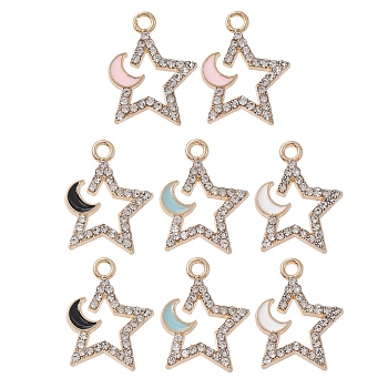 8Pcs 4 Colors Rack Plating Alloy Rhinestone Pendants, with Enamel, Nickel Free, Star with Moon Charms, Mixed Color, 17x13x2mm, Hole: 1.6mm, 2Pcs/color