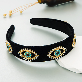 Cloth Hair Bands, Alloy Rhinestone Evil Eyes Wide Hair Bands Accessories for Women Girls, Black, 150x130x30mm