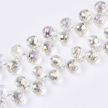 Transparent Glass Beads Strands, Top Drilled Beads, AB Color Plated, Faceted Teardrop, Light Goldenrod Yellow, Teardrop: 9.5x8mm, Hole: 0.8mm, Beads: 3~4x2.5~3.5mm, about 100pcs/strand, 23.62 inch(60cm)