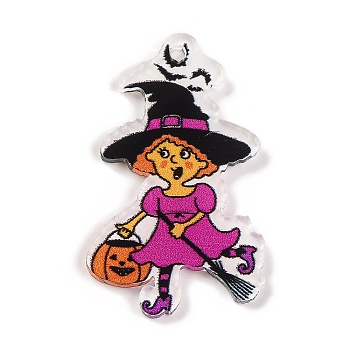 Printed Acrylic Pendant, Halloween Theme, Witch, 40x23.5x1.5mm, Hole: 2mm