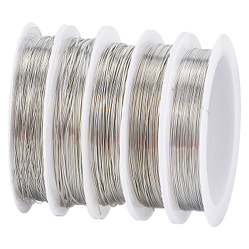 5 rolls 5 size Copper Jewelry Wire, Round, Silver, 18~28 Gauge, 0.3~1mm, 2.5~20m/roll, 1 roll/size