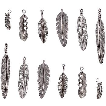 Tibetan Style Pendants Sets, Feather, Nickel Free & Lead Free, Antique Silver, 11~17.5mm wide, 31~80mm long, 2~7mm thick, hole: 2~6x4mm