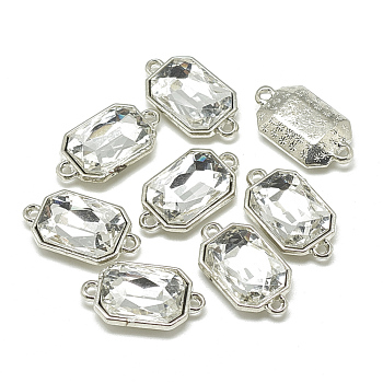 Alloy Glass Links connectors, Faceted, Rectangle Octagon, Platinum, Clear, 21x12x5.5mm, Hole: 1.5mm