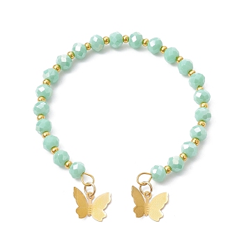Glass Round Beaded Cuff Bangles, with Golden Brass Butterfly Charms, Aquamarine, Inner Diameter: 2-1/8 inch(5.5cm)