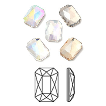 K9 Glass Rhinestone Cabochons, Flat Back & Back Plated, Faceted, Rectangle, Mixed Color, 14x10x4.5mm
