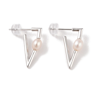 Sterling Silver Stud Earrings, with Natural Pearl, Jewely for Women, Triangle, 20x6mm