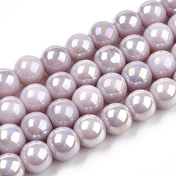 Electroplate Opaque Glass Beads Strands, AB Color Plated, Round, Rosy Brown, 8~8.5mm, Hole: 1.5mm, about 51~53pcs/strand, 14.96 inch~15.55 inch(38~39.7cm)