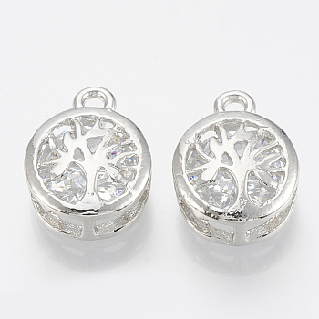 Alloy Cubic Zirconia Charms, Flat Round with Tree of Life, Platinum, 14.5x10.5x5.5mm, Hole: 1.6mm