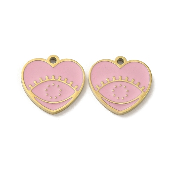 Ion Plating(IP) 316L Surgical Stainless Steel Charms, with Enamel, Real 18K Gold Plated, Heart with Eye Charm, Pink, 11.5x12x1.5mm, Hole: 1.2mm