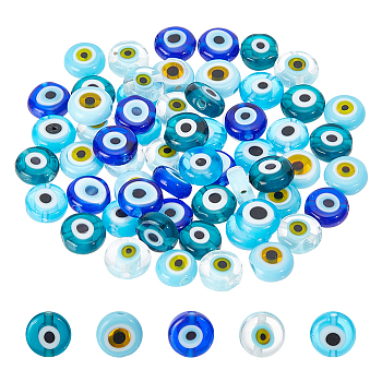60pcs 5 colors Handmade Evil Eye Lampwork Beads, Flat Round/Disc, Mixed Color, 8x3.2mm, Hole: 1mm, 12pcs/color