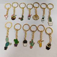 Summer Theme Alloy Enamel Pendant Keychain, with Iron Key Ring, Cactus & Drinks, Golden, 7.5~9.6cm, 13pcs/set, 1 set/box(KEYC-FH0001-36)