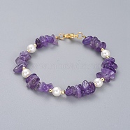 Natural Amethyst Chip Beaded Bracelets, with Shell Pearl Round Beads, Brass Beads and 304 Stainless Steel Lobster Claw Clasps, 7-1/4 inch(18.5cm)(BJEW-JB04933-03)