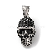 304 Stainless Steel Pendants, with Rhinestone, Antique Silver, Skull Charm, Jet, 27.5x13.5x16.5mm, Hole: 9x4mm(STAS-D014-09AS-01)