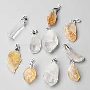 Rough Raw Natural Crystal Quartz & Citrine Pendants, with Platinum Tone Brass Snap on Bails, Nuggets, 27.5~39.5x14~25x10~18.5mm, Hole: 6.5x4mm(G-H259-06P)
