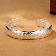 Rose Flower Pattern Flat Open Cuff Bangle, Brass Jewelry for Women, Platinum(BJEW-BB72322)