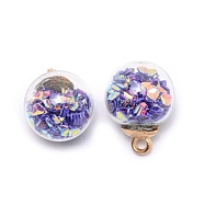 Transparent Glass Globe Pendants, with Glitter Sequins inside and CCB Pendant Bails, Round, Indigo, 20.5x16mm, Hole: 2.5mm(X-GLAA-WH0022-15C)