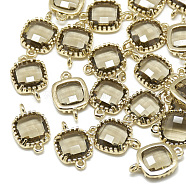 Glass Links Connectors, with Golden Tone Brass Findings, Faceted, Square, Dark Khaki, 15x9x3mm, Hole: 0.5mm(X-GLAA-Q068-10A-03)