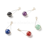 Natural Mixed Stone Pendants, with Silver Copper Wire Wrapped, Round, 40x15x12mm, Hole: 2mm(PALLOY-JF01112)