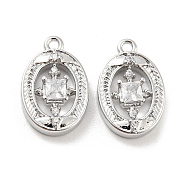 Brass Micro Pave Cubic Zirconia Charm, with Glass, Oval, Real Platinum Plated, 13.3x8.5x2.8mm, Hole: 1mm(KK-E090-07P)